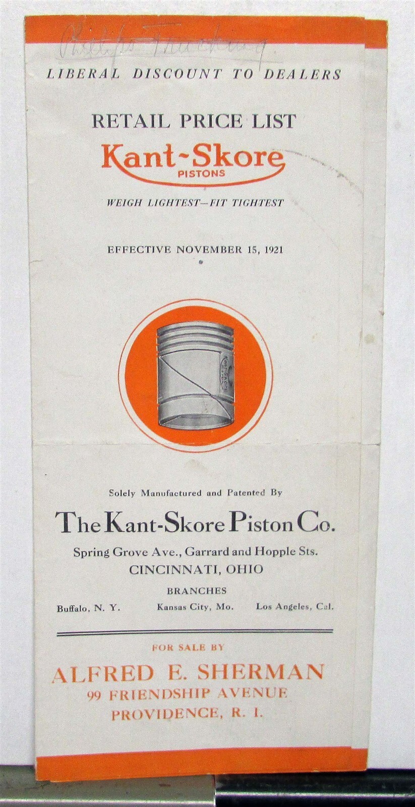 1921 Kant Skore Pistons Retail Pricing Lists Brochure