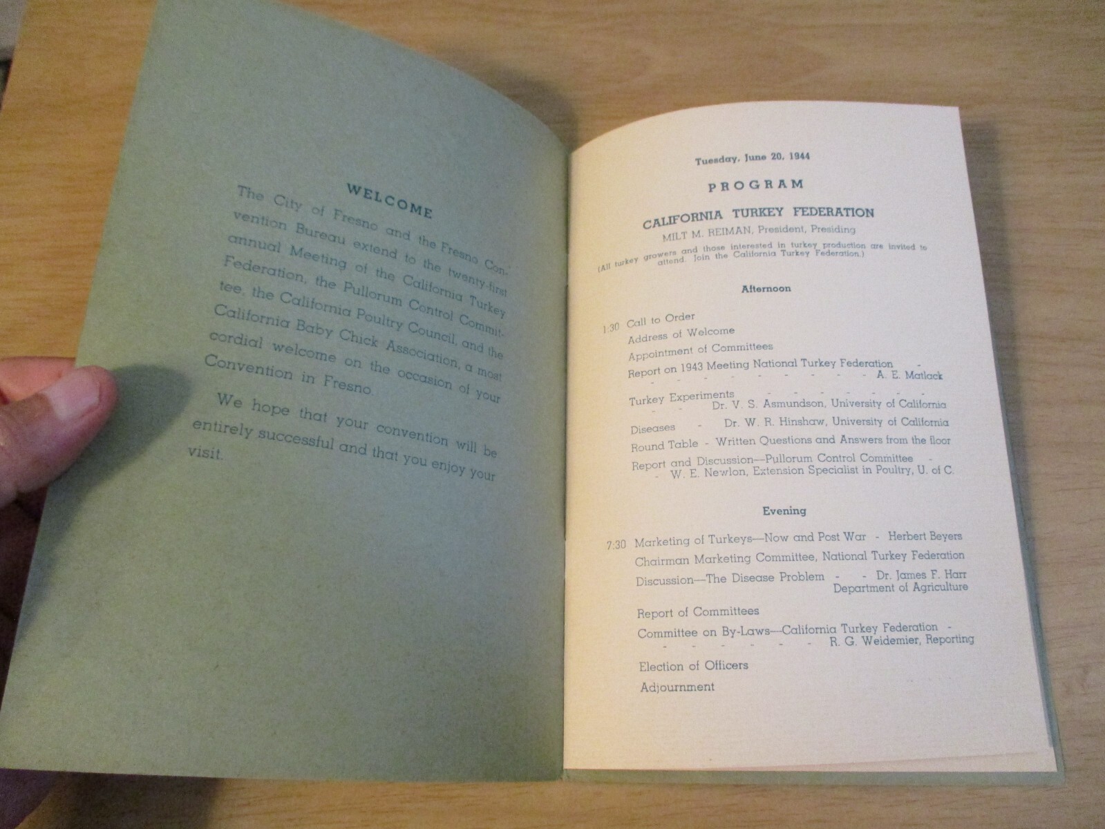 VTG 1944 WWII Era ‘PROGRAM’~California TURKEY/Poultry/CHICK~”HOTEL FRESNO”~