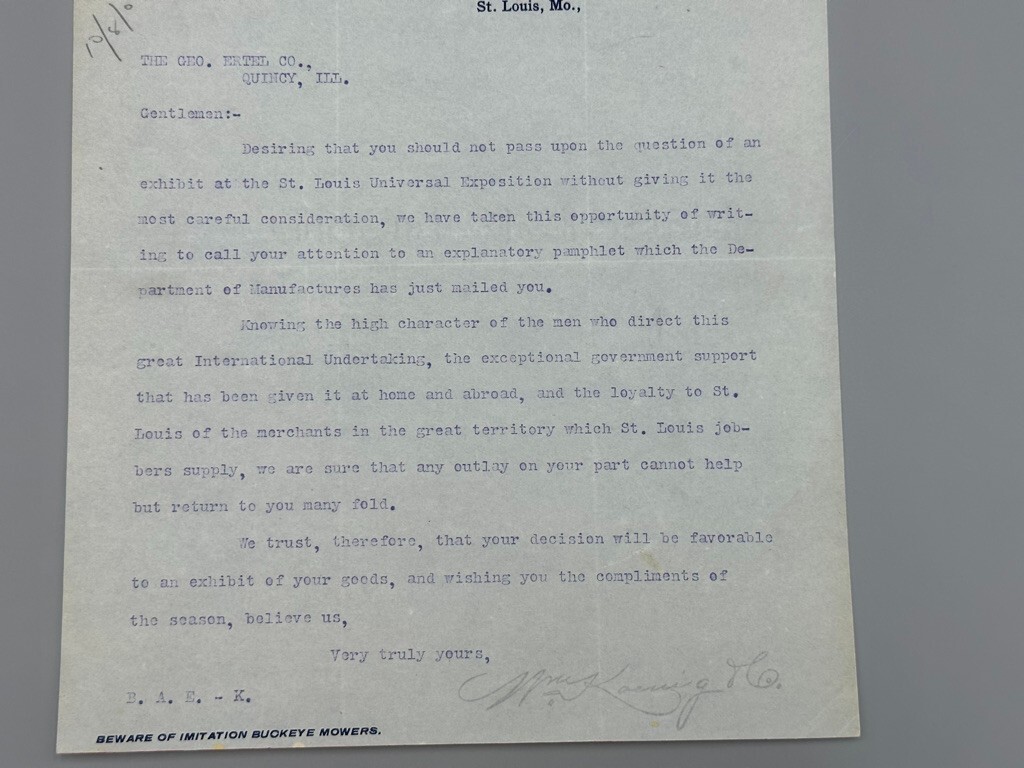 1902 Koenig BUCKEYE Antique FARM MACHINERY Advertising Letter ST LOUIS EXPO