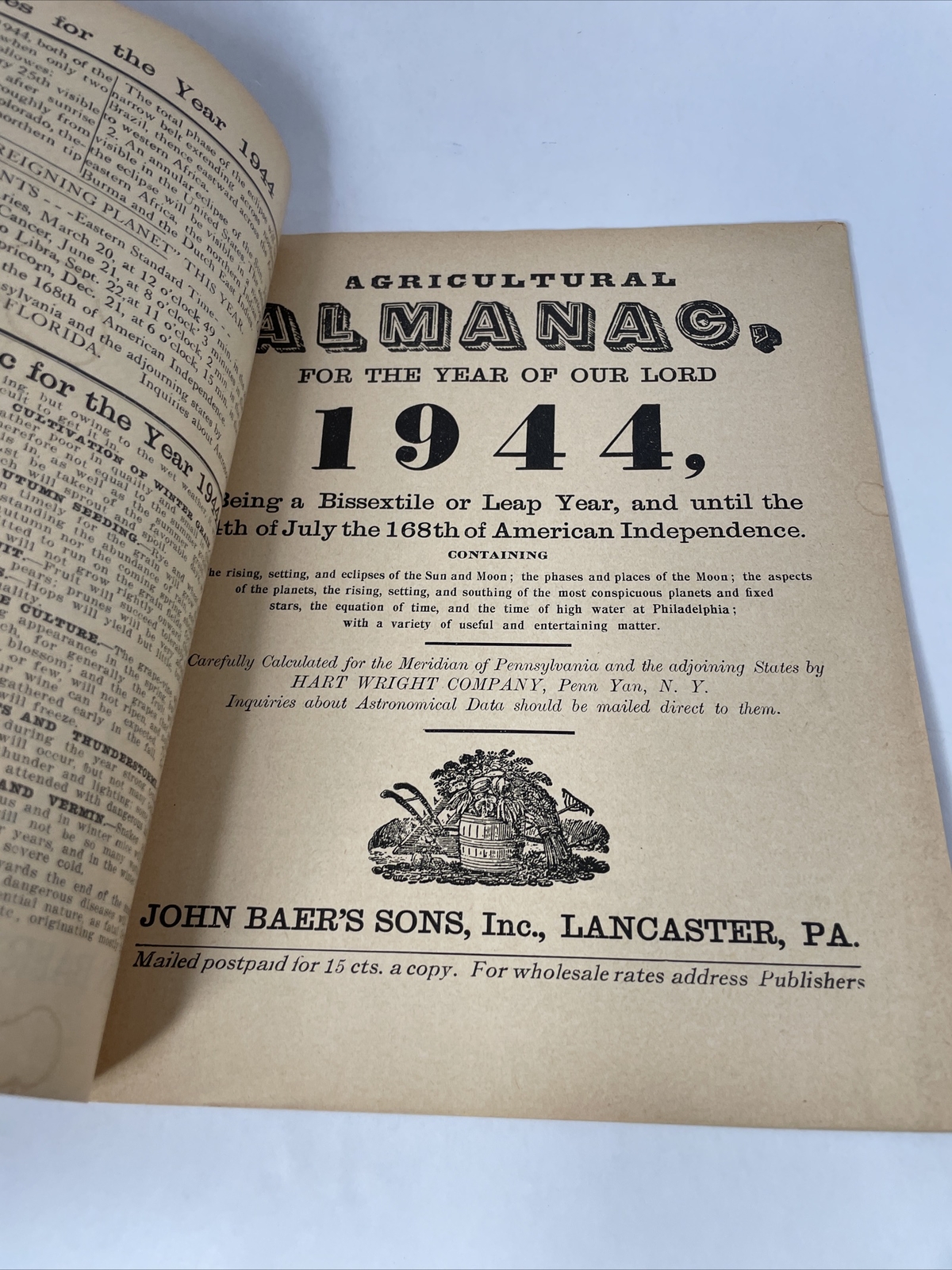 Vintage 1944 John Baers Sons Agricultural Almanac Lancaster Penn Farmers Almanac