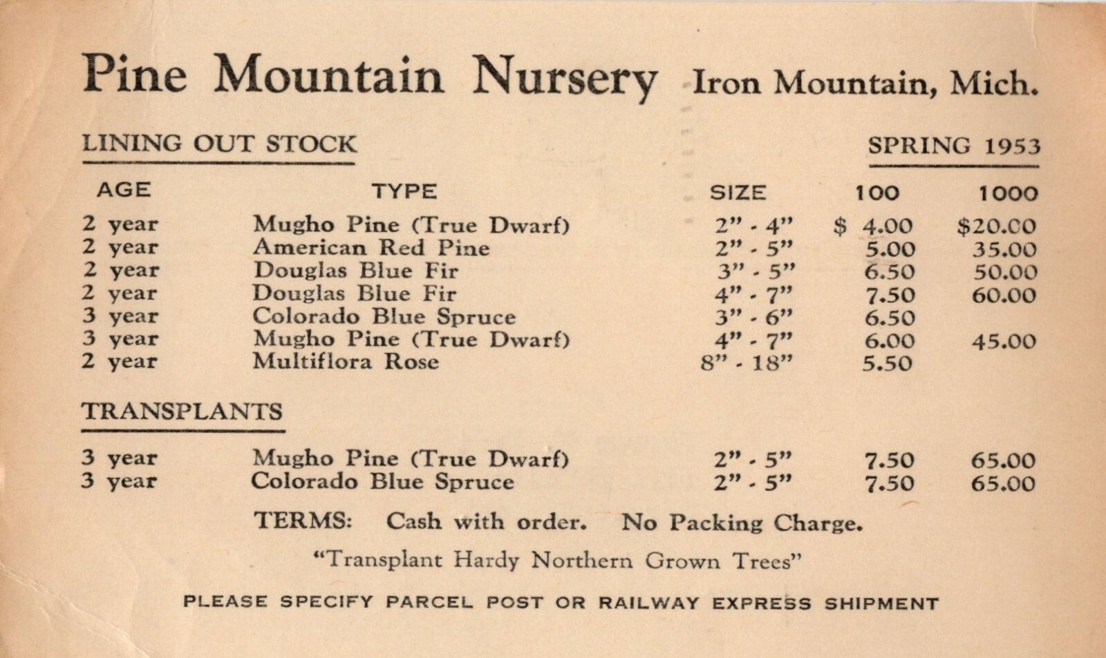 1953 Pine Mountain Nursery, Iron Mountain, Michigan Adv. Postcard Trees Prices
