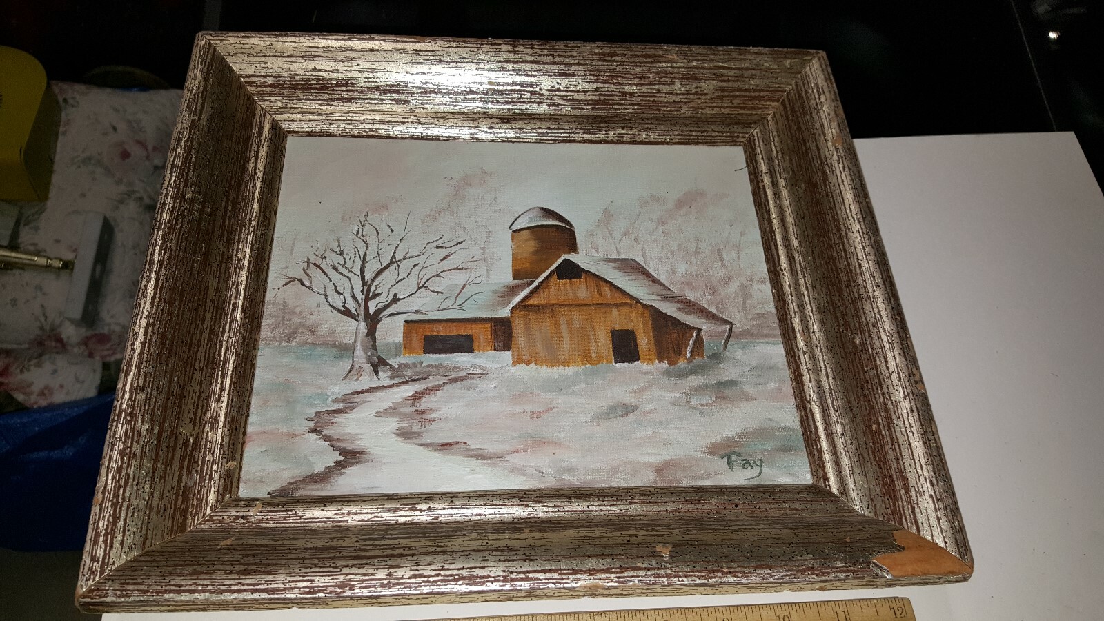 SIGNED PAINTING “FAY” OIL ON CANVAS IN FRAME FARM, BARN, MILL SCENE LOOK! WINTER