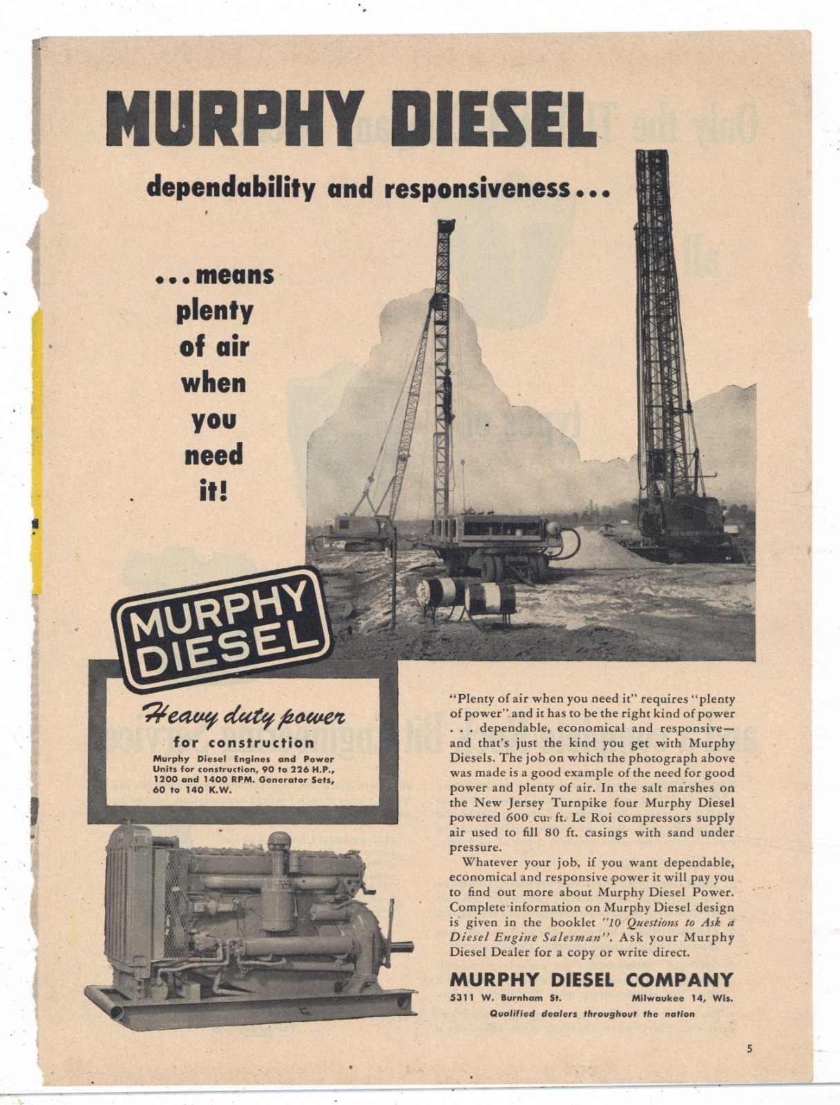 1951 Murphy Diesel Engines of Milwaukee Ad: New Jersey Turnpike Job Pictured