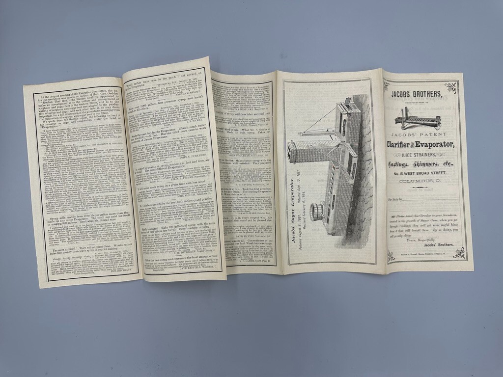 1876 JACOBS Bros SUGAR Cane EVAPORATOR Farm Advertising Antique COLUMBUS Ohio