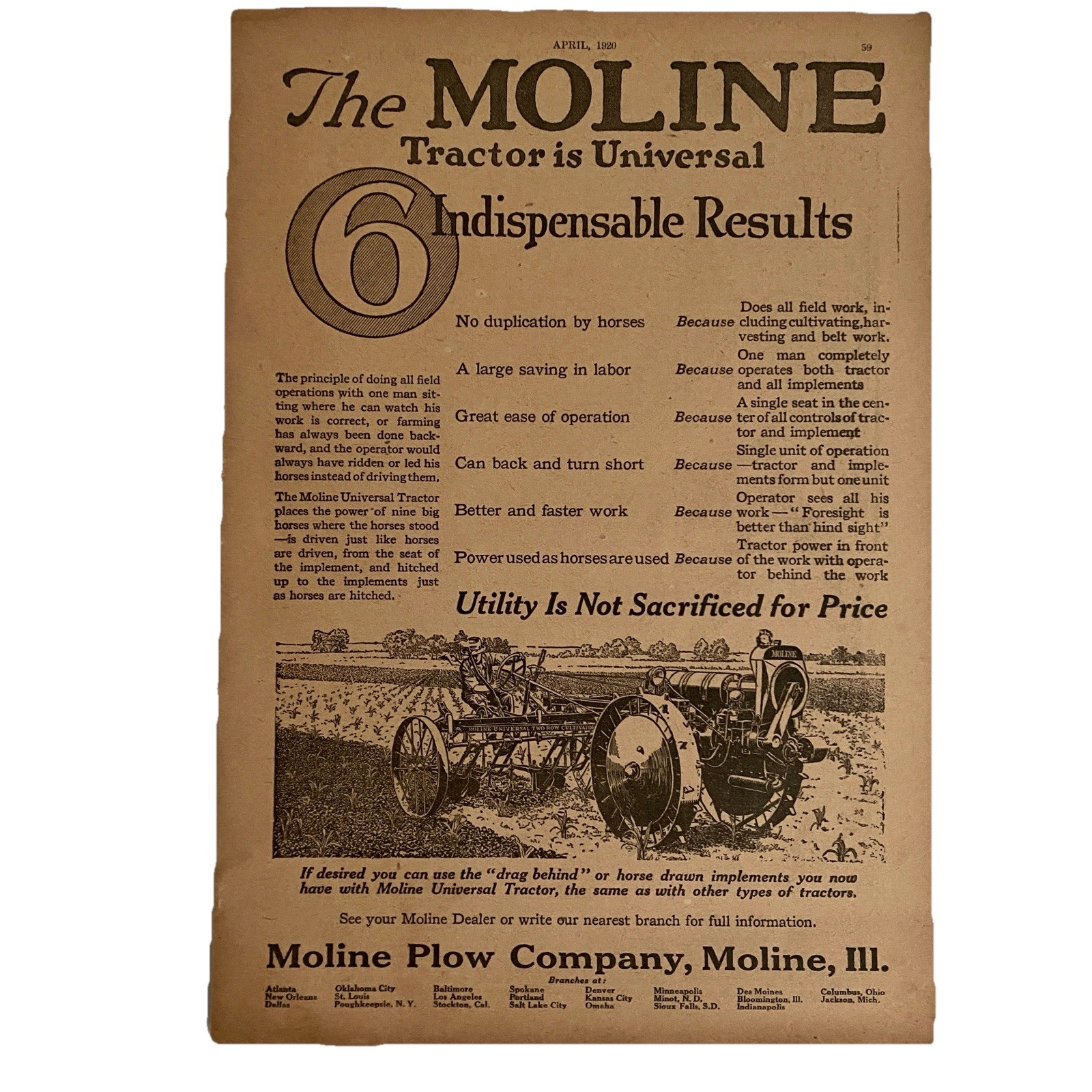 1920 Moline Tractor Plow Print Ad Moline Illinois Universal Two Row Cultivator