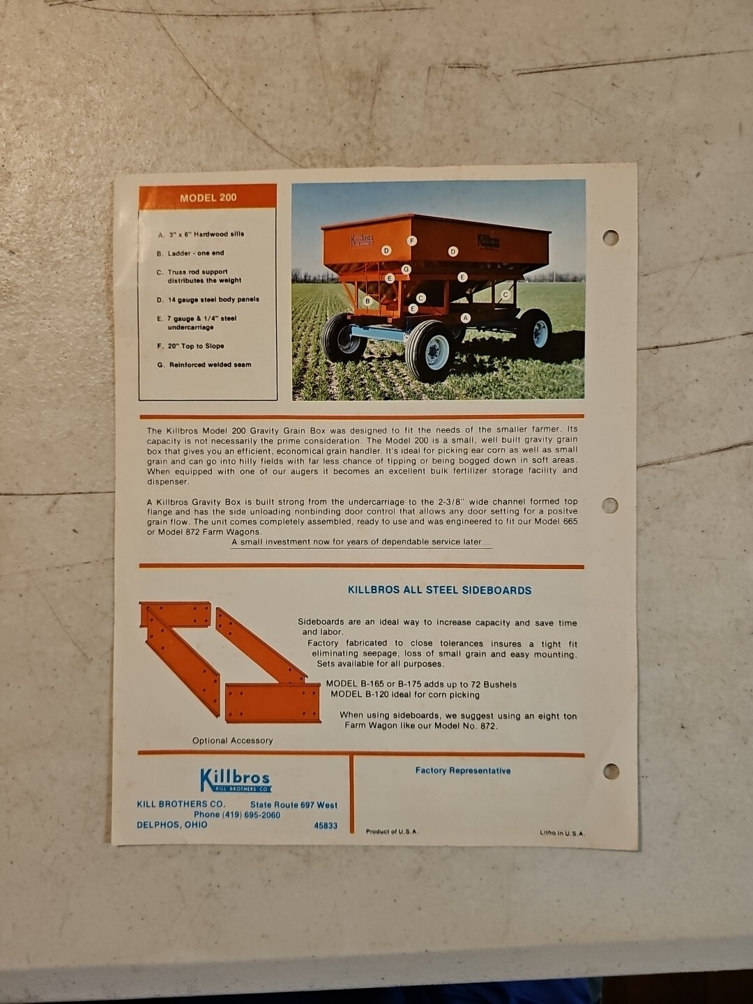 Original Killbros Model 200 Gravity Grain Box Sales Brochure Spec Sheet # 71878