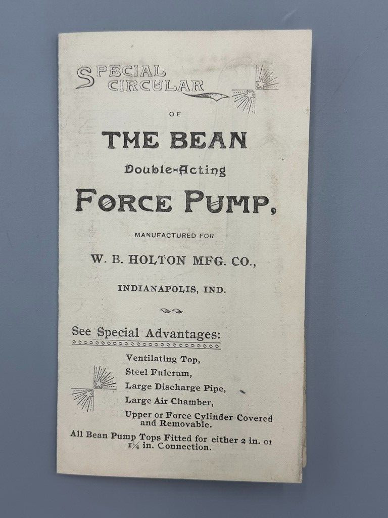 c 1880 BEAN’s Water Force PUMP Holton Mfg Antique FARM Advertising INDIANAPOLIS