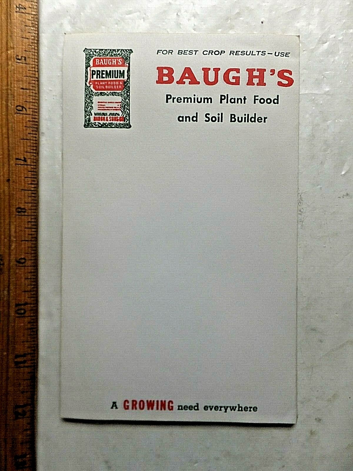 1950’s? Advertising Note Pad. Baugh’s Premium Plant Food and Soil Builder.