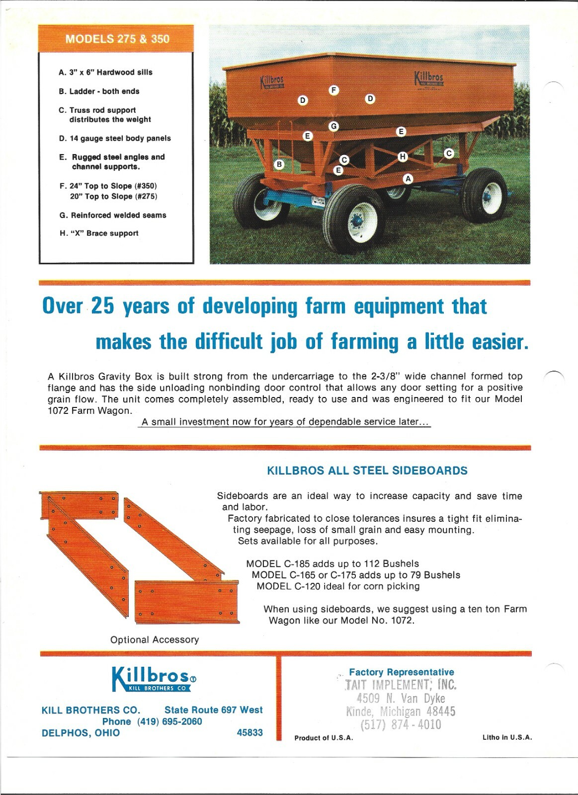 Original Killbros 275 and 350 Gravity Grain Box Sales Brochure Spec Sheet 90182