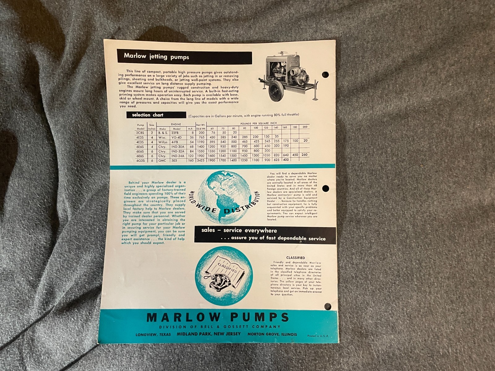 1950’s Marlow Contractors Pumps Brochure Spec Sheet Bell Gossett Vintage