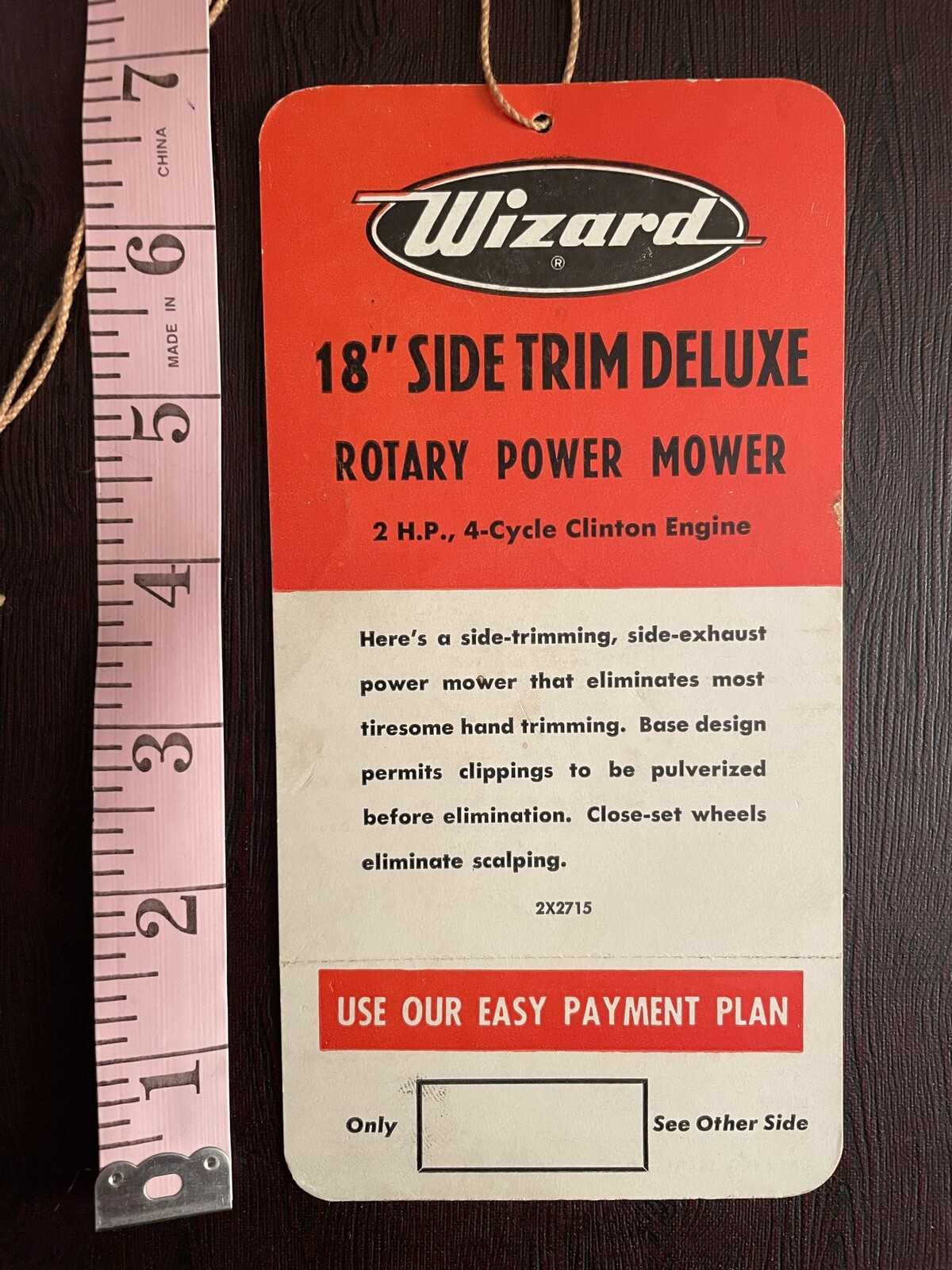 VINTAGE 1950’ S WESTERN AUTO ‘WIZARD’ LAWN MOWER SALES HANG TAG , Automotive