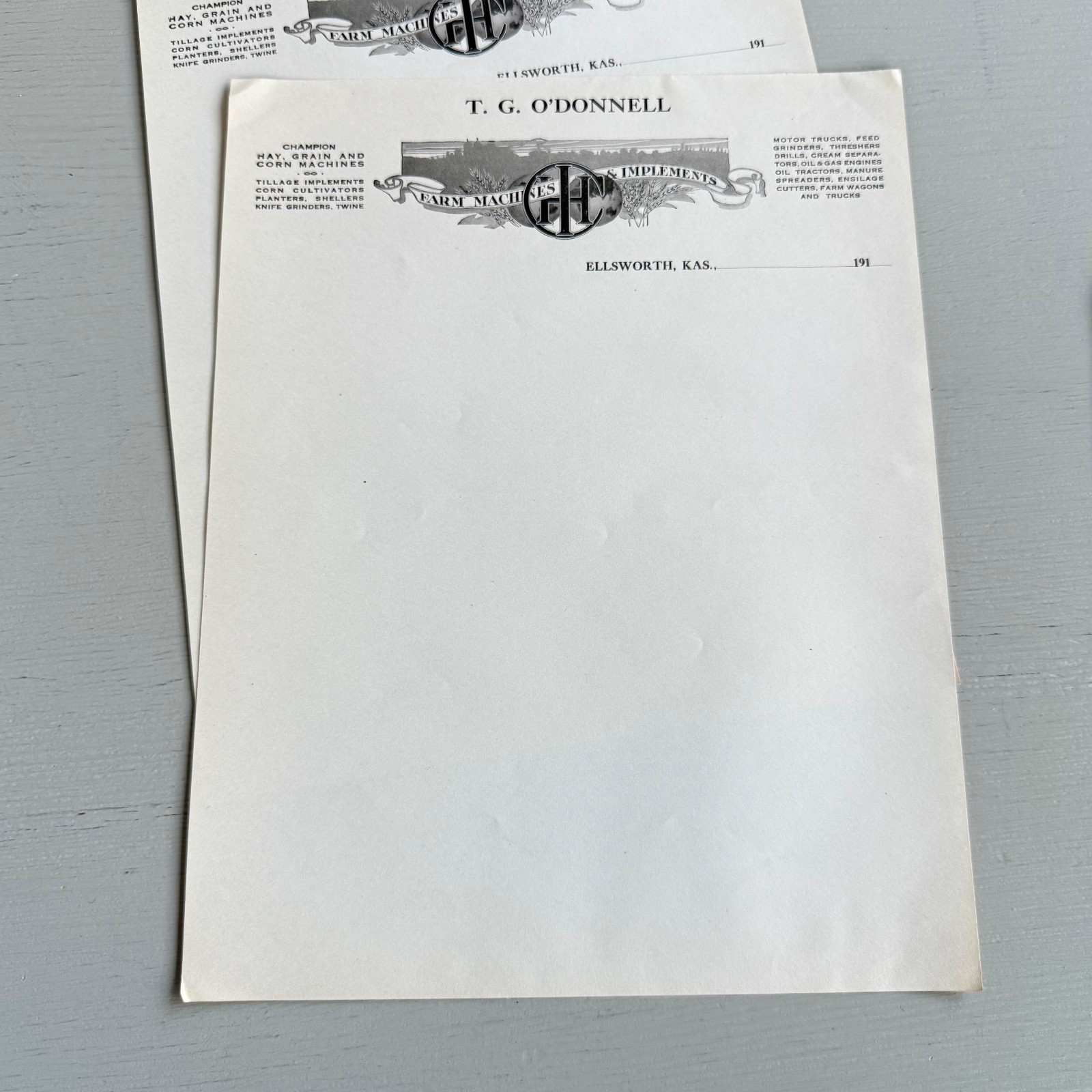 3 Vintage T.G. O’Donnell Letterhead Advertising Ellsworth KS Farm Implements