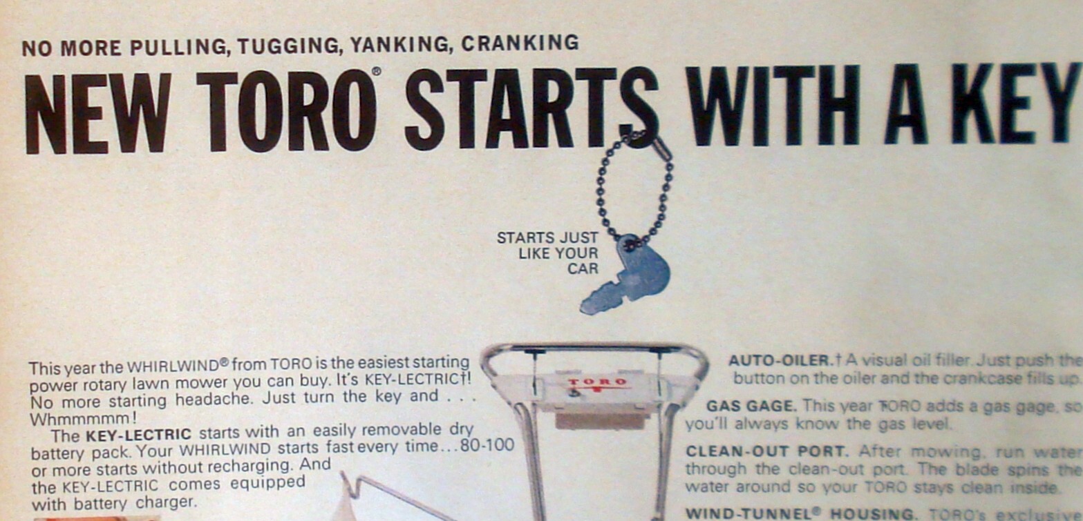 Toro Key-lectric Lawn Mower Starts Fast Every Time Vtg 1968 Print Ad 10 x 14″