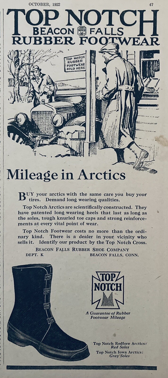 1922 AD(XH54)~BEACON FALLS RUBBER CO. BEACON FALLS, CONN. TOP NOTCH FOOTWEAR