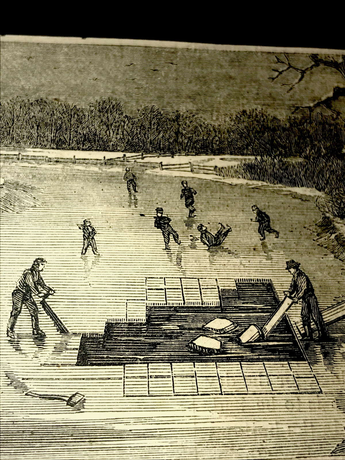 ORIGINAL 1872 GETTING OUT ICE ON THE FARM Engraving Advertising