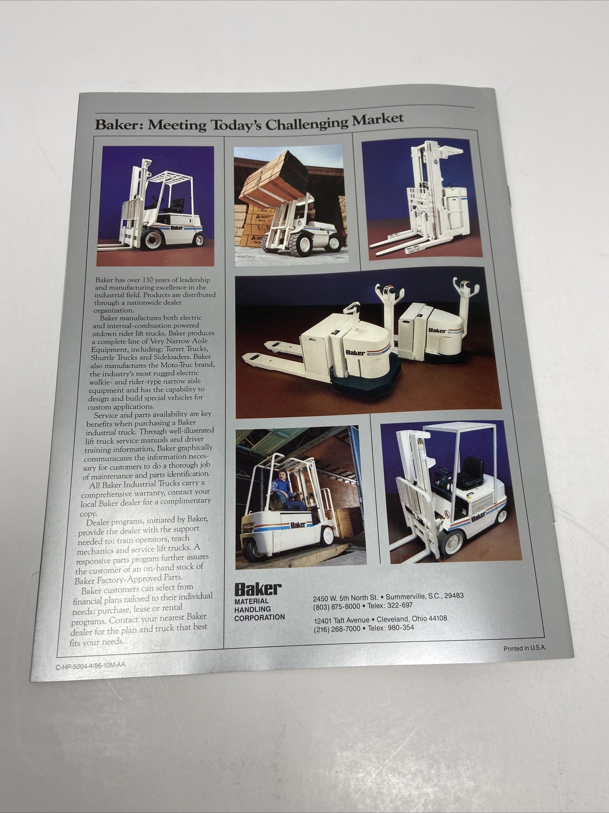 1986 Baker Material Handling Co Lift Trucks BPD 40/50/60 Sales Brochure Vintage