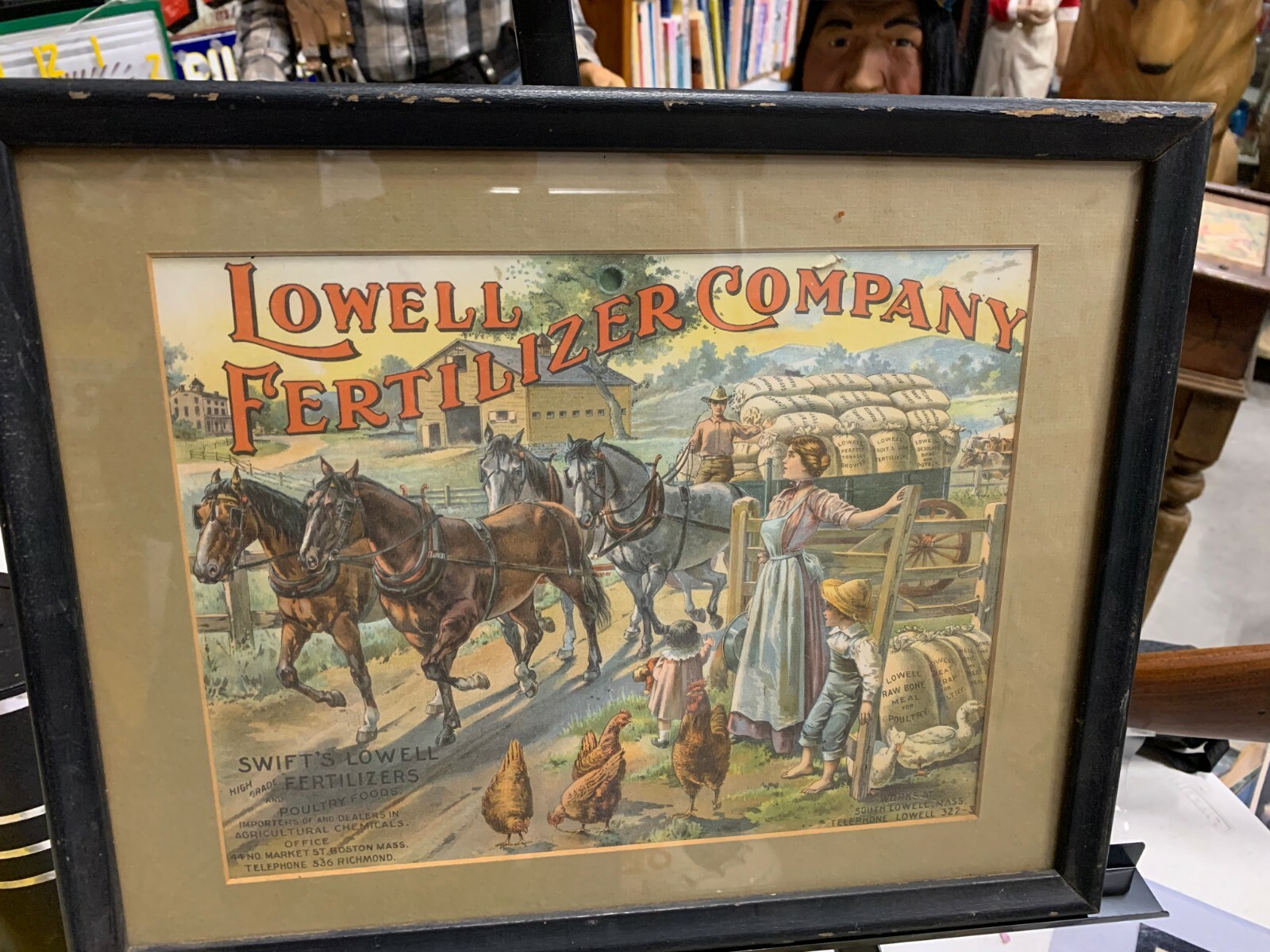 Rare Vintage Lowell Fertilizer Co. Litho Framed Sign FARM GAS OIL SODA COLA 17″
