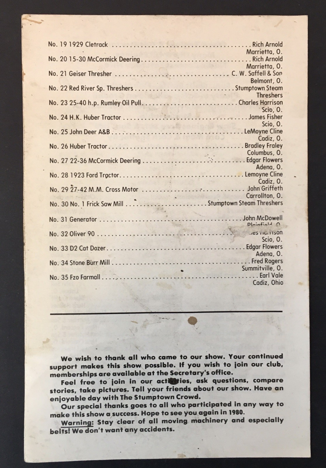 Stumptown Steam Threshers Association Annual Show Program 1979 Ohio Tractors