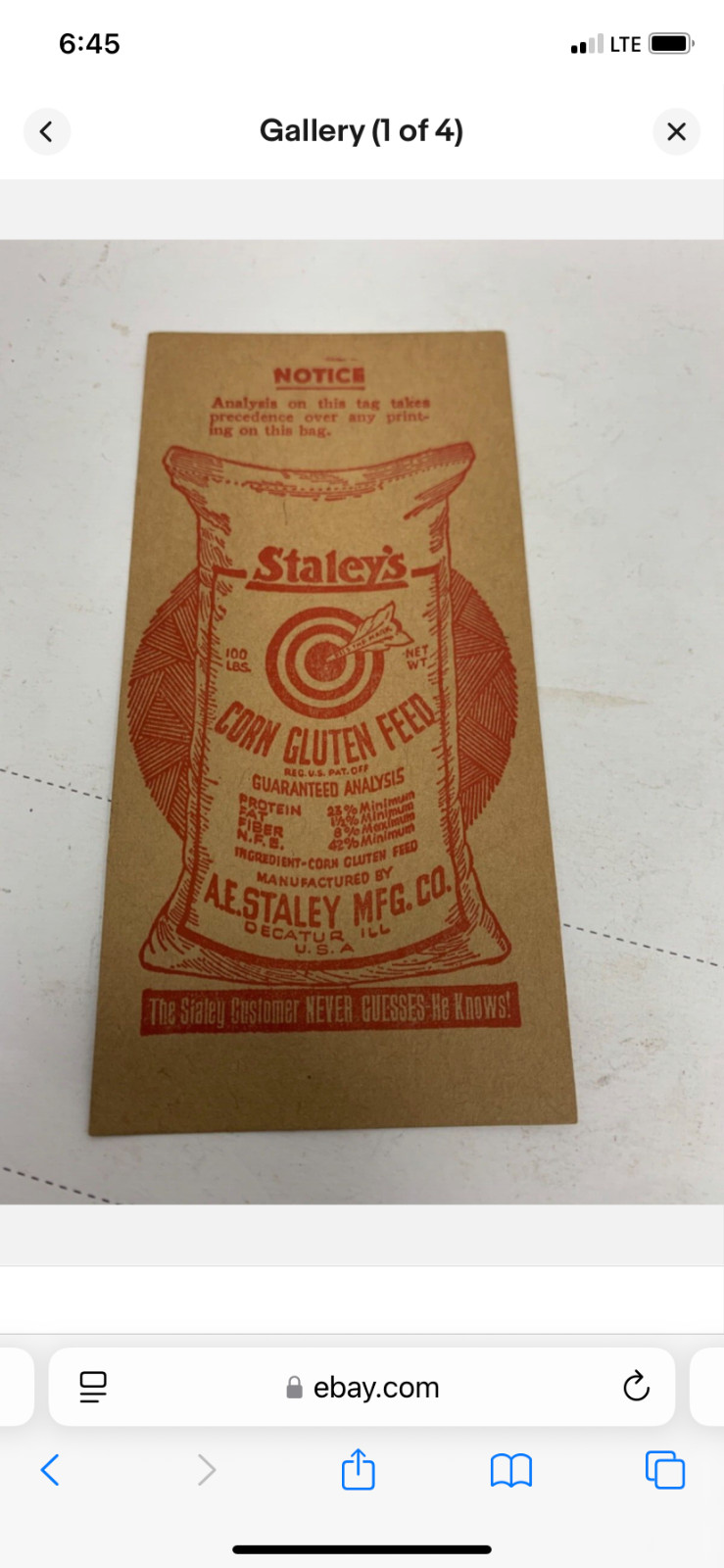 1920’s Staley’s Corn Gluten Feed 5″x2.5″ tag