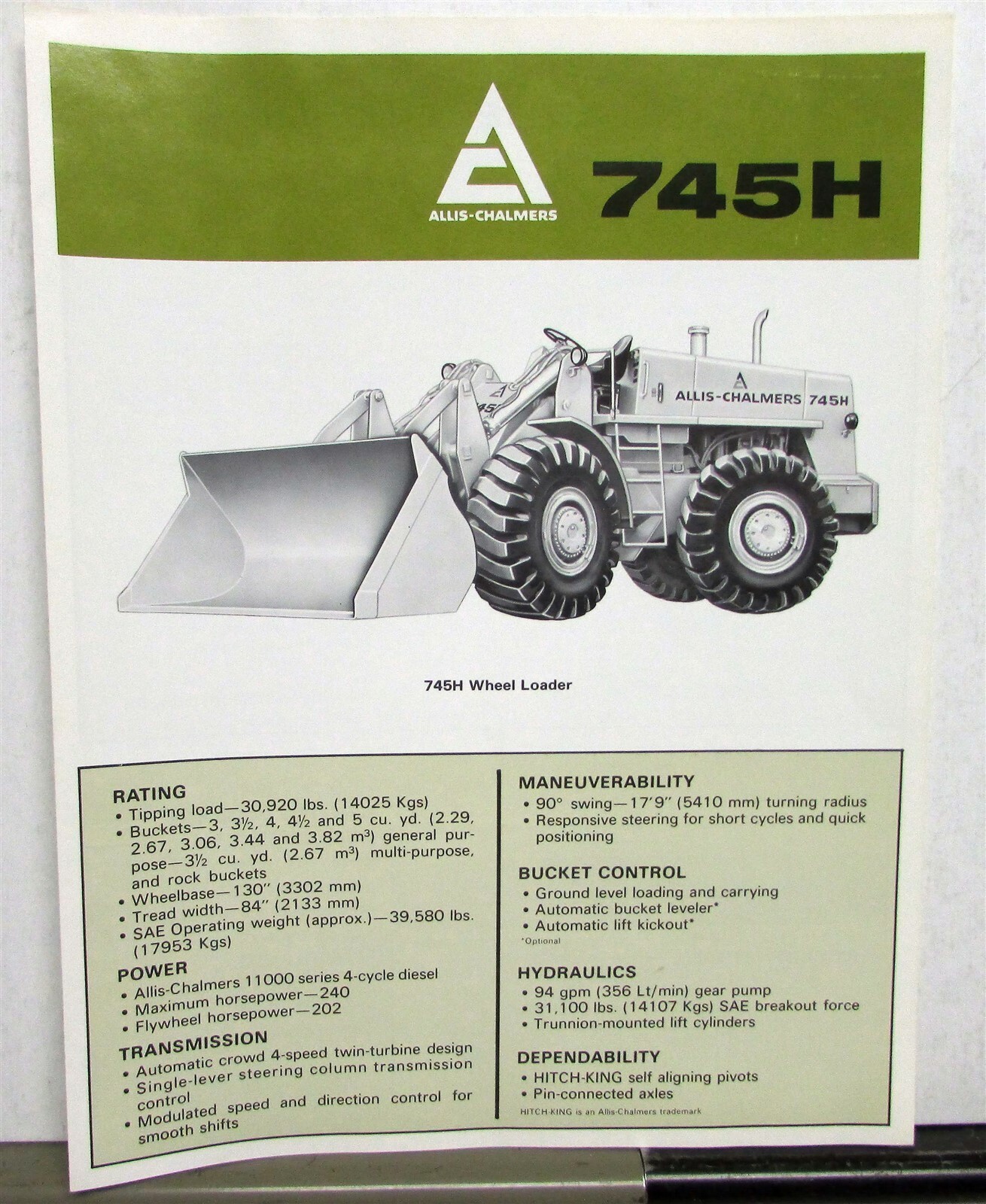 1970 Allis Chalmers 745H Wheel Loader Construction Sales Folder