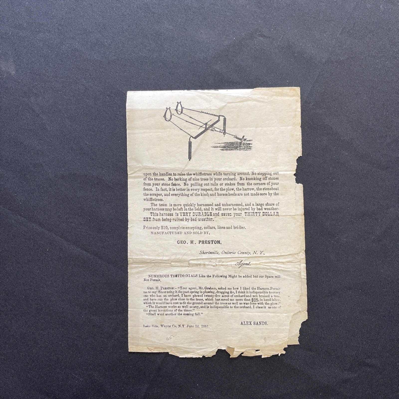 1881 Coleman’s Plow Harness Broadside Shortsville New York Farm Machinery