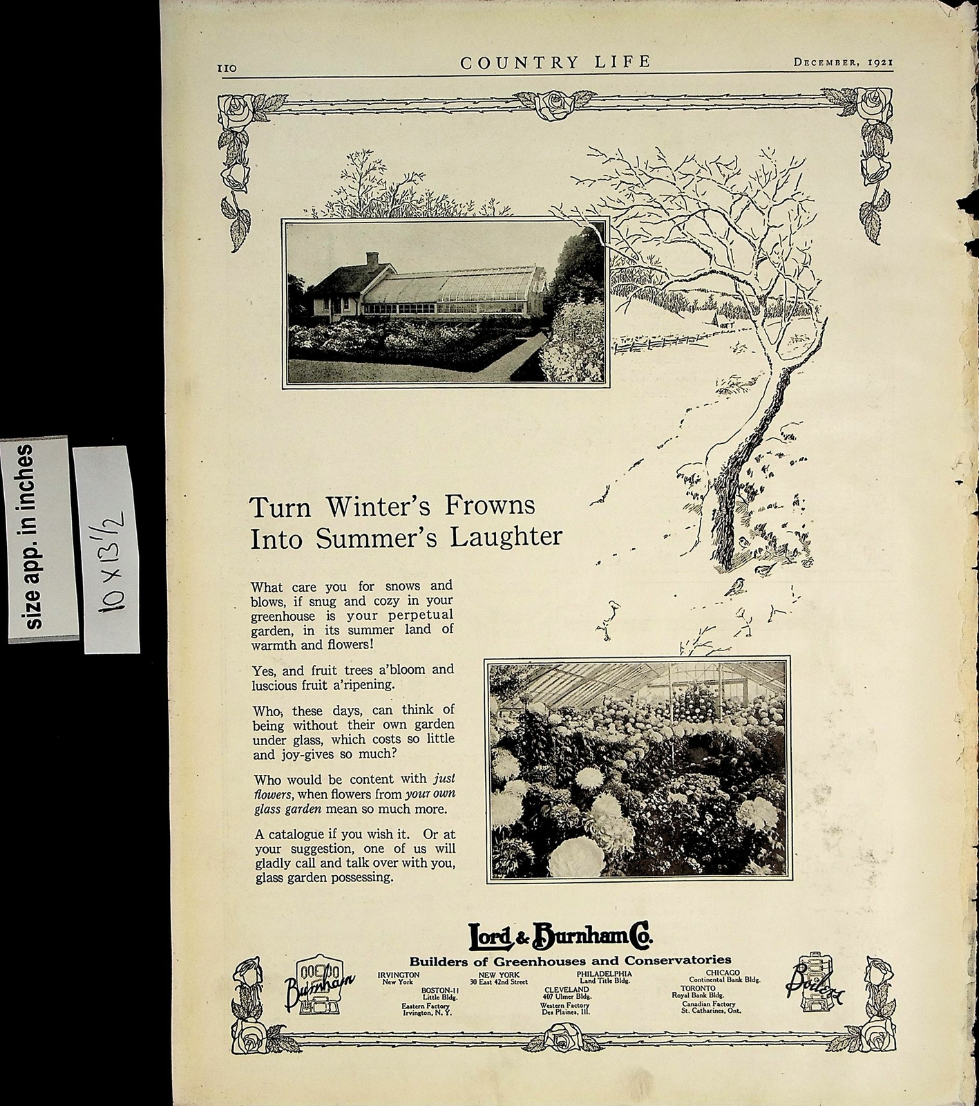 1921 Lord & Burnham Greenhouses Winter to Summer Vintage Print Ad 5650
