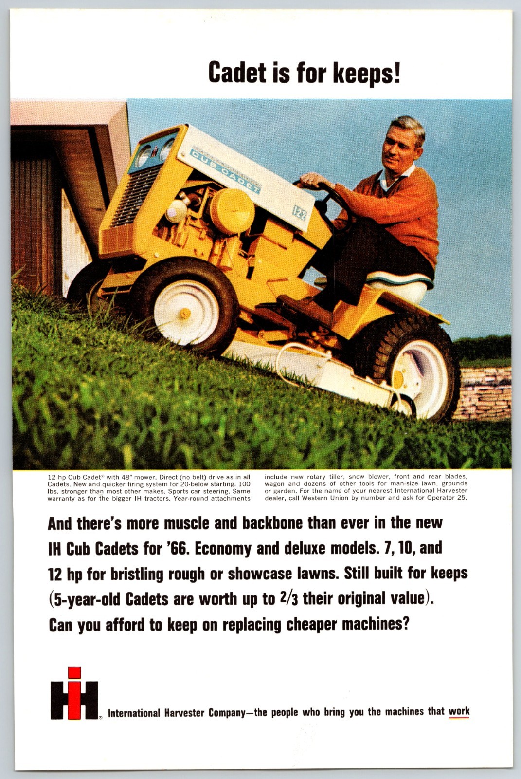 1966 International Harvester 12 HP Cub Cadet mowing uphill 6.5 x 10″ Print Ad