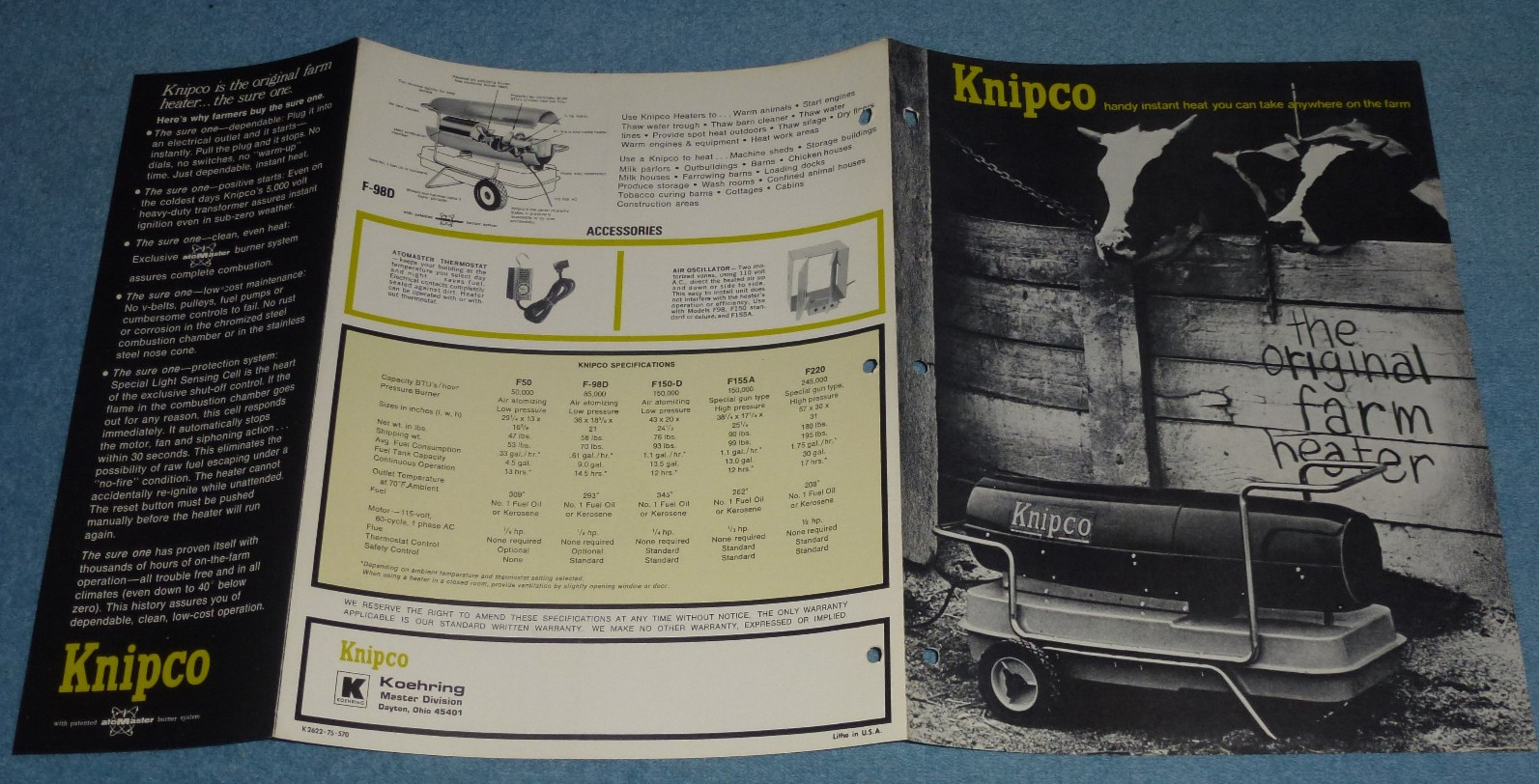 Vtg Knipco Farm Heaters Brochure Specs Sheet Models F50 F98D F150D F155A F220