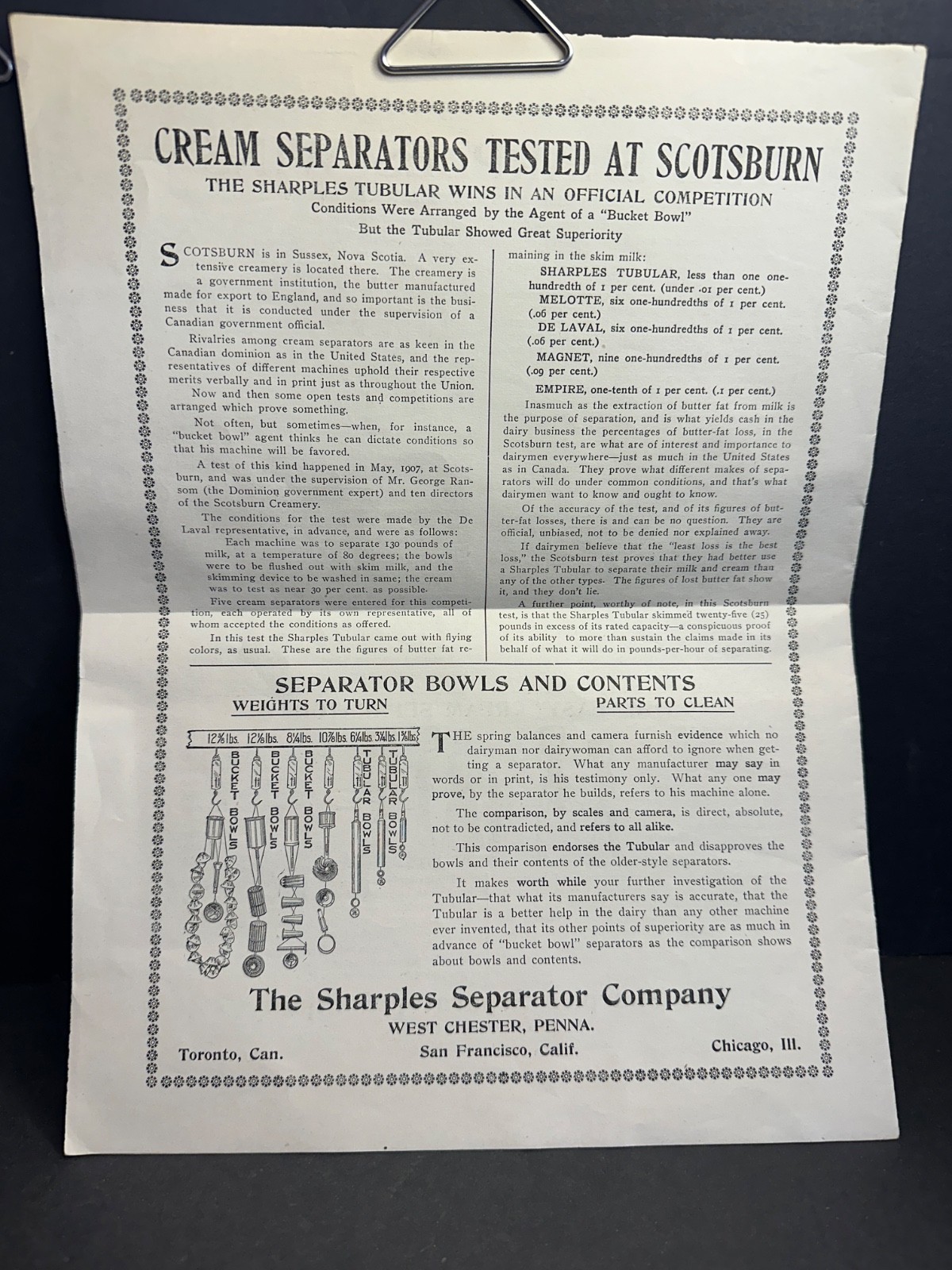 1903 Sharples Cream Separator Brochure, West Chester, PA