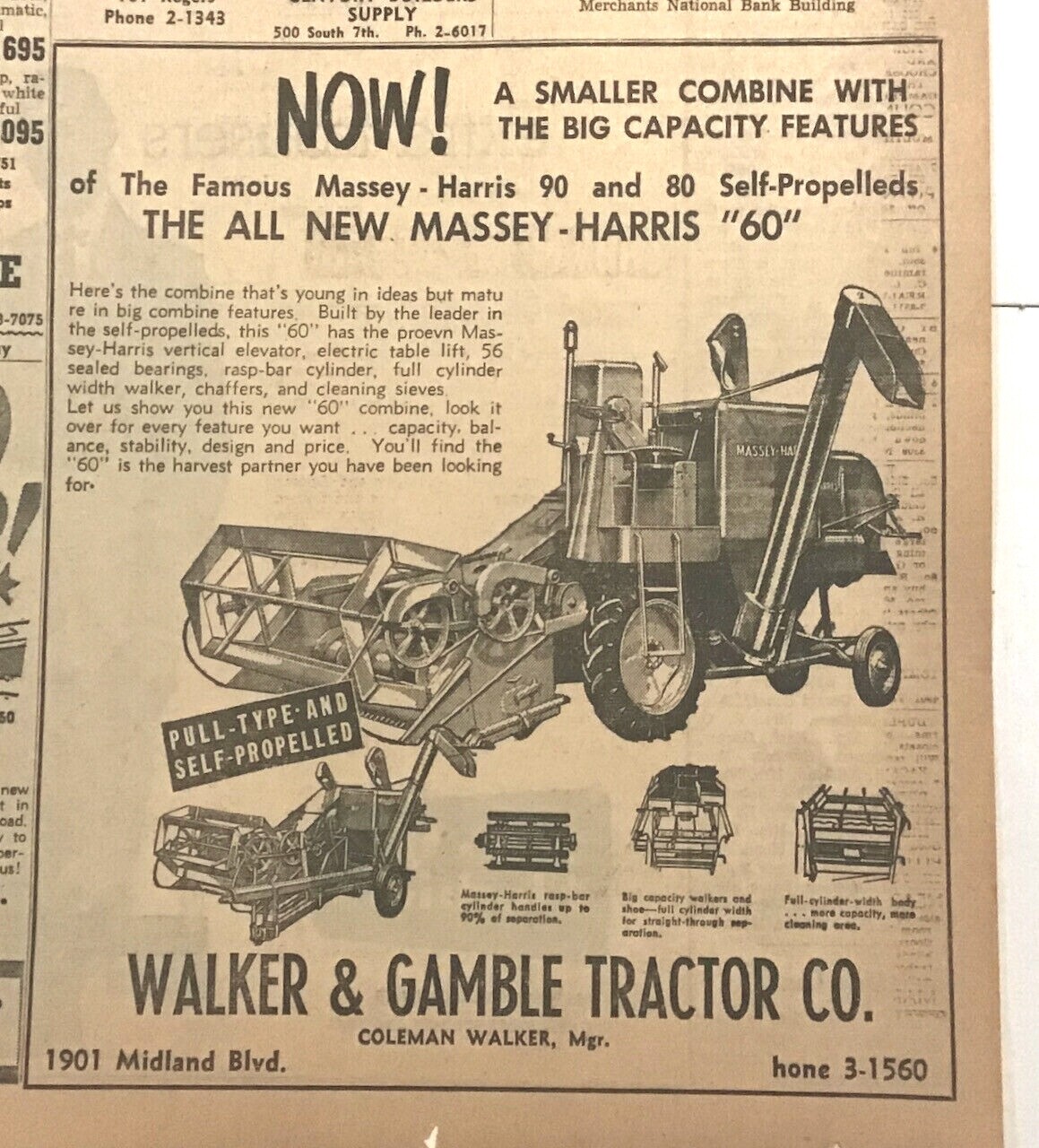 1956 newspaper ad for Massey-Harris “60” Combine – Smaller with Big Capacity