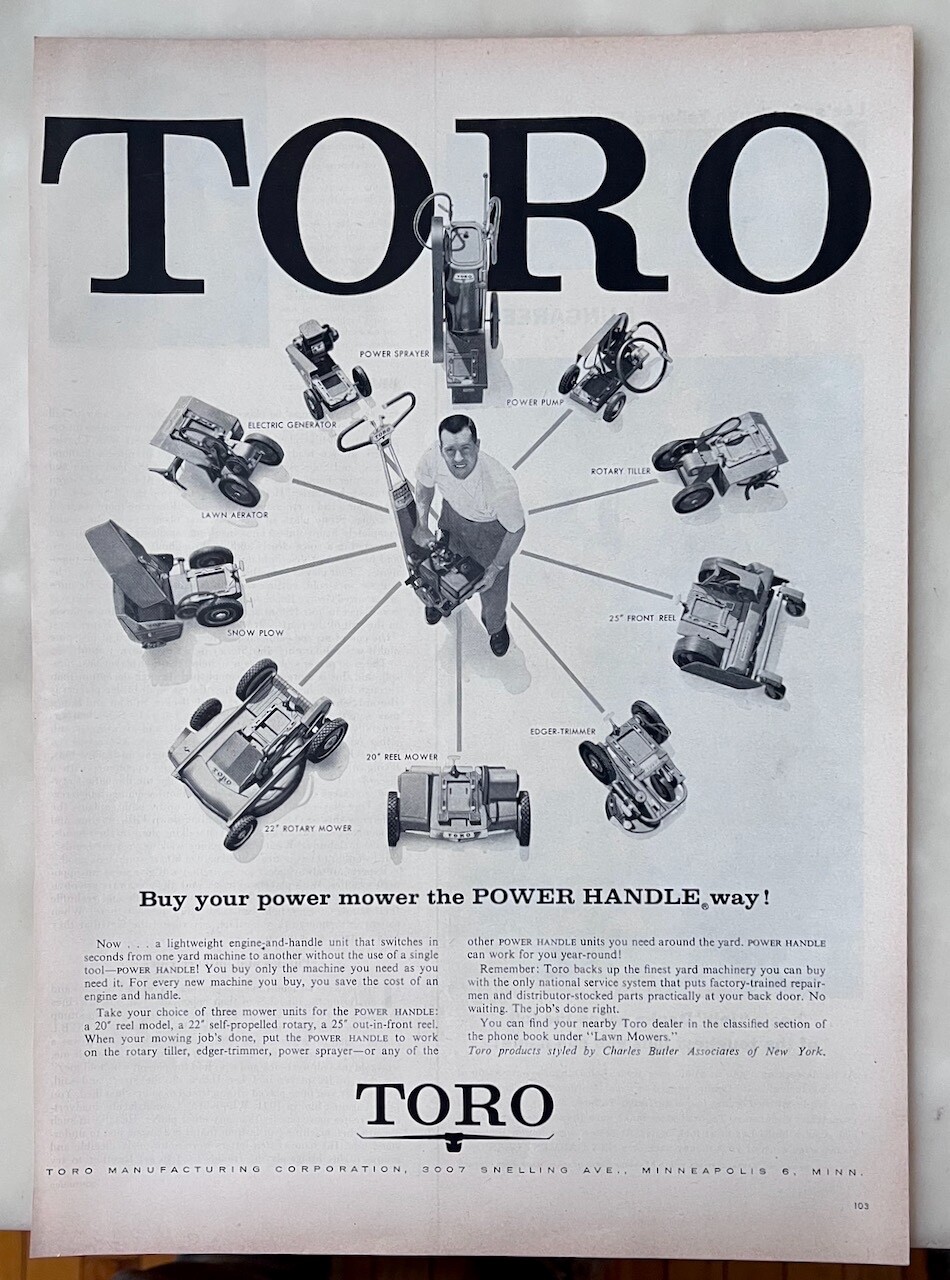 1957 magazine ad for Toro lawn mowers – Power Handle model, fits various tools