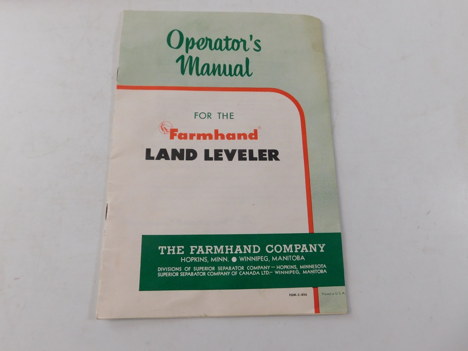 1956 FARMHAND LAND LEVELER OPEERATOR’S MANUAL VG CLEAN NO TEARS