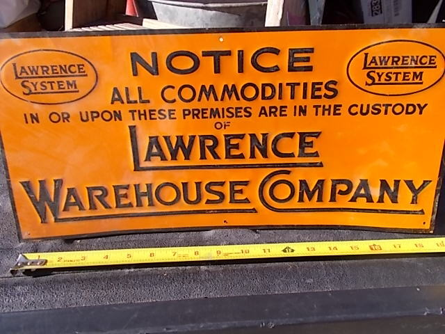 Vintage Tin Sign Lawrence System Warehouse Company Notice Commodities 9 by 19.5