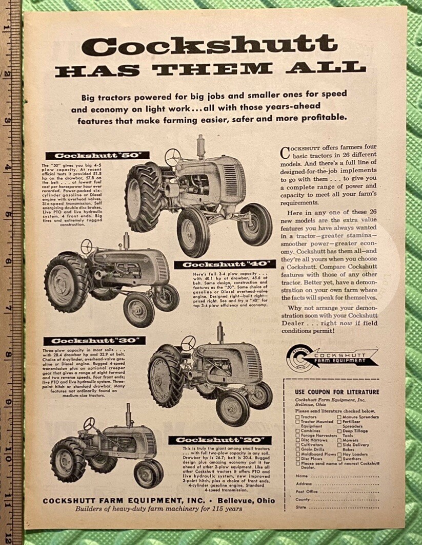 Original 1953 COCKSHUTT Tractors Print Ad LOT. 20, 30, 40, 50. Antique.