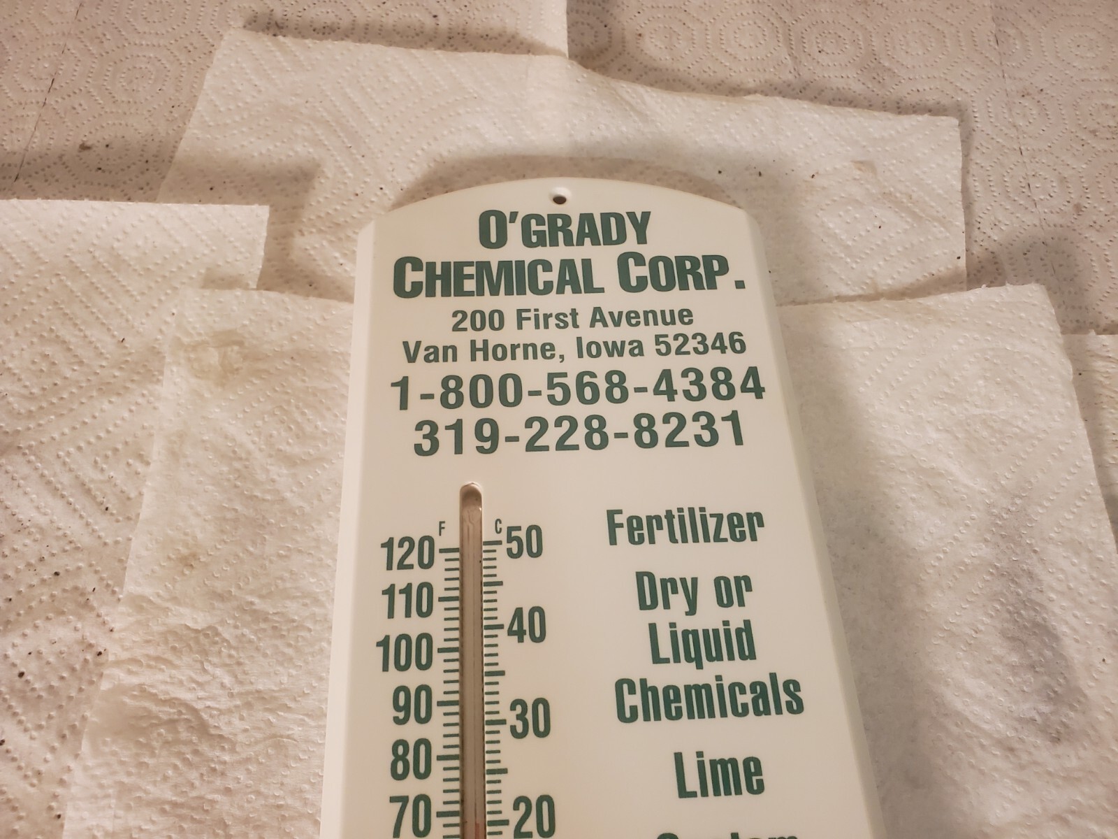 20″ Plastic Thermometer O’Grady Chemical Van Horne Blairstown Iowa Farm Seed