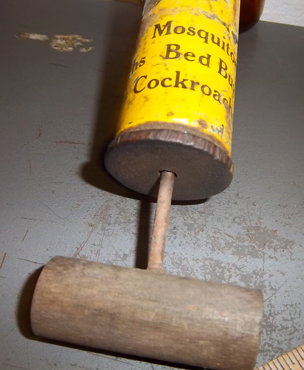 vintage FLIT sprayer, wood handle & amber glass container, great colors!!