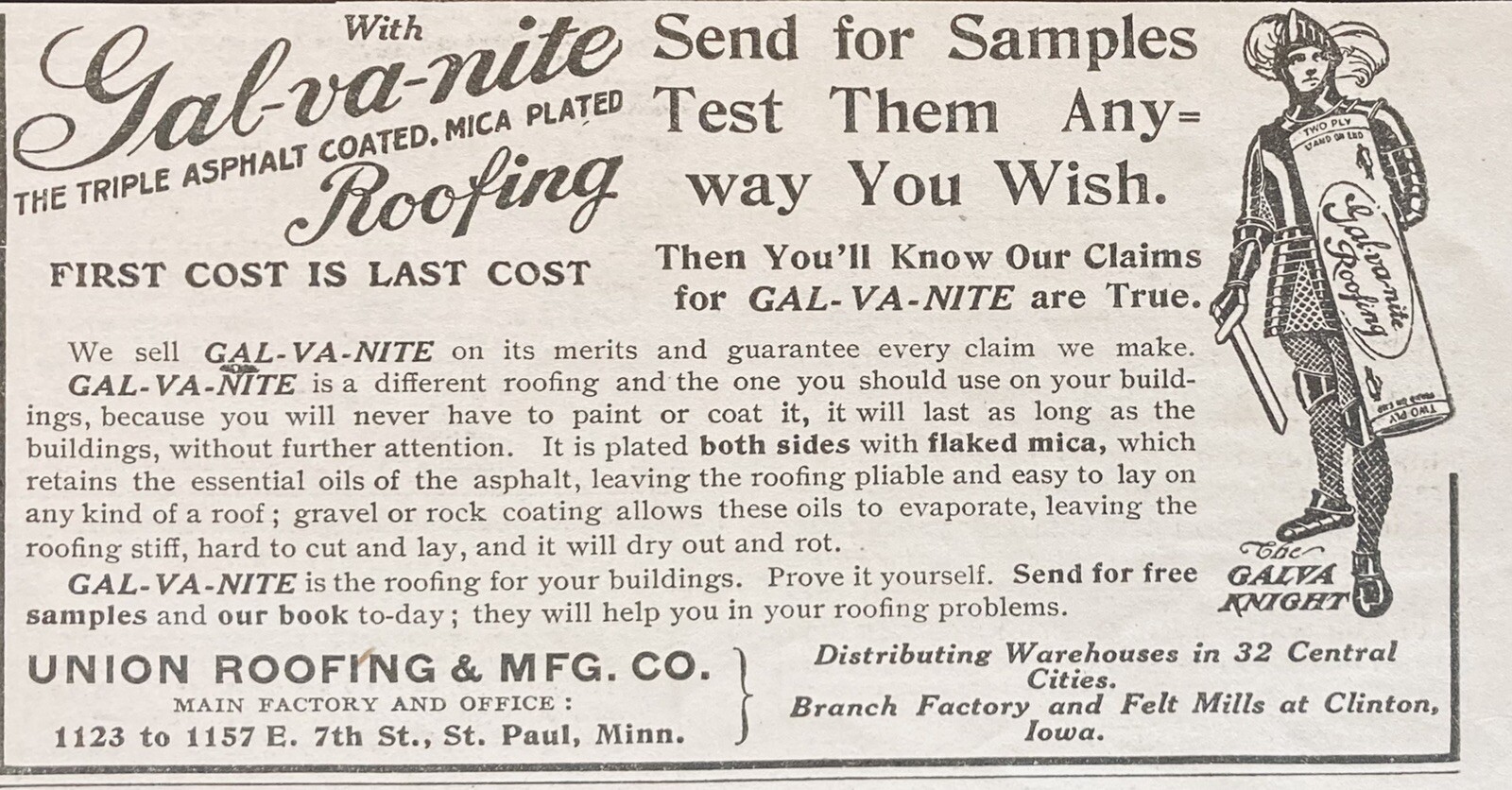 1909 AD.(XH10)~UNION ROOFING CO. ST.PAUL, MINN. GAL-VA-NITE ASPHALT ROOFING