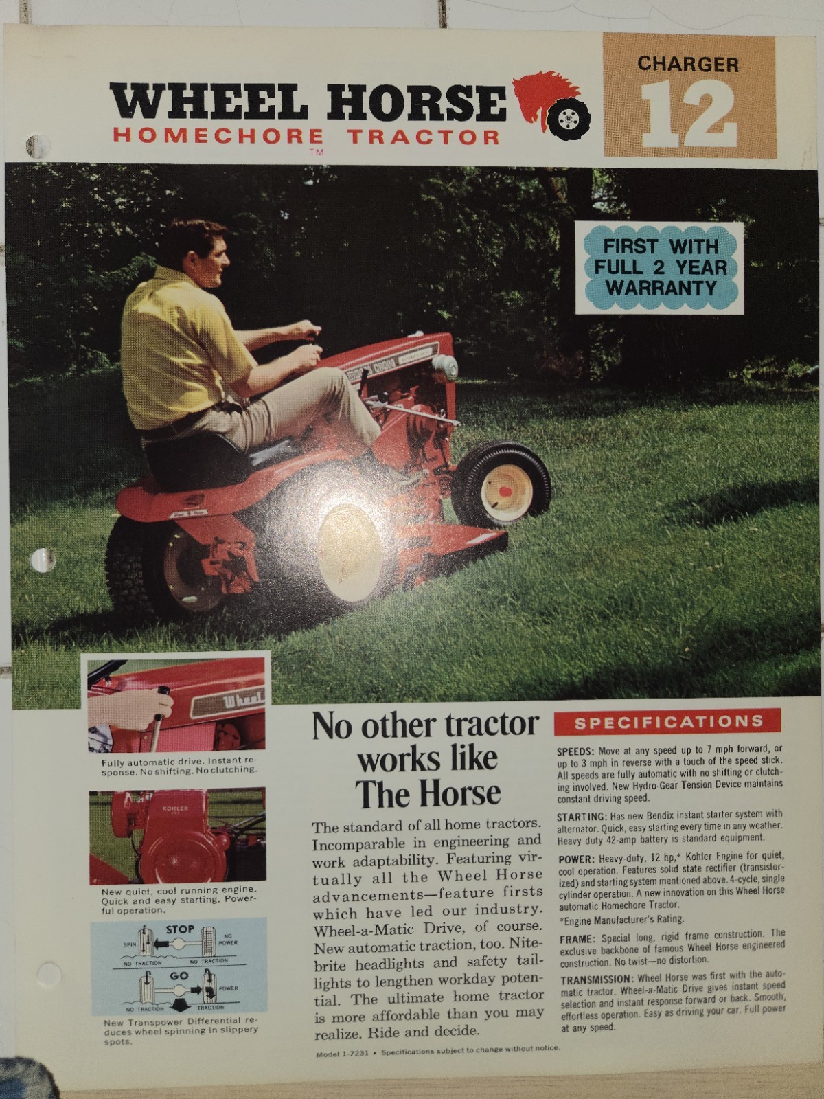 WHEEL HORSE CHARGER 12 DEALER AD WITH SPECIFICATIONS DOUBLE SIDED