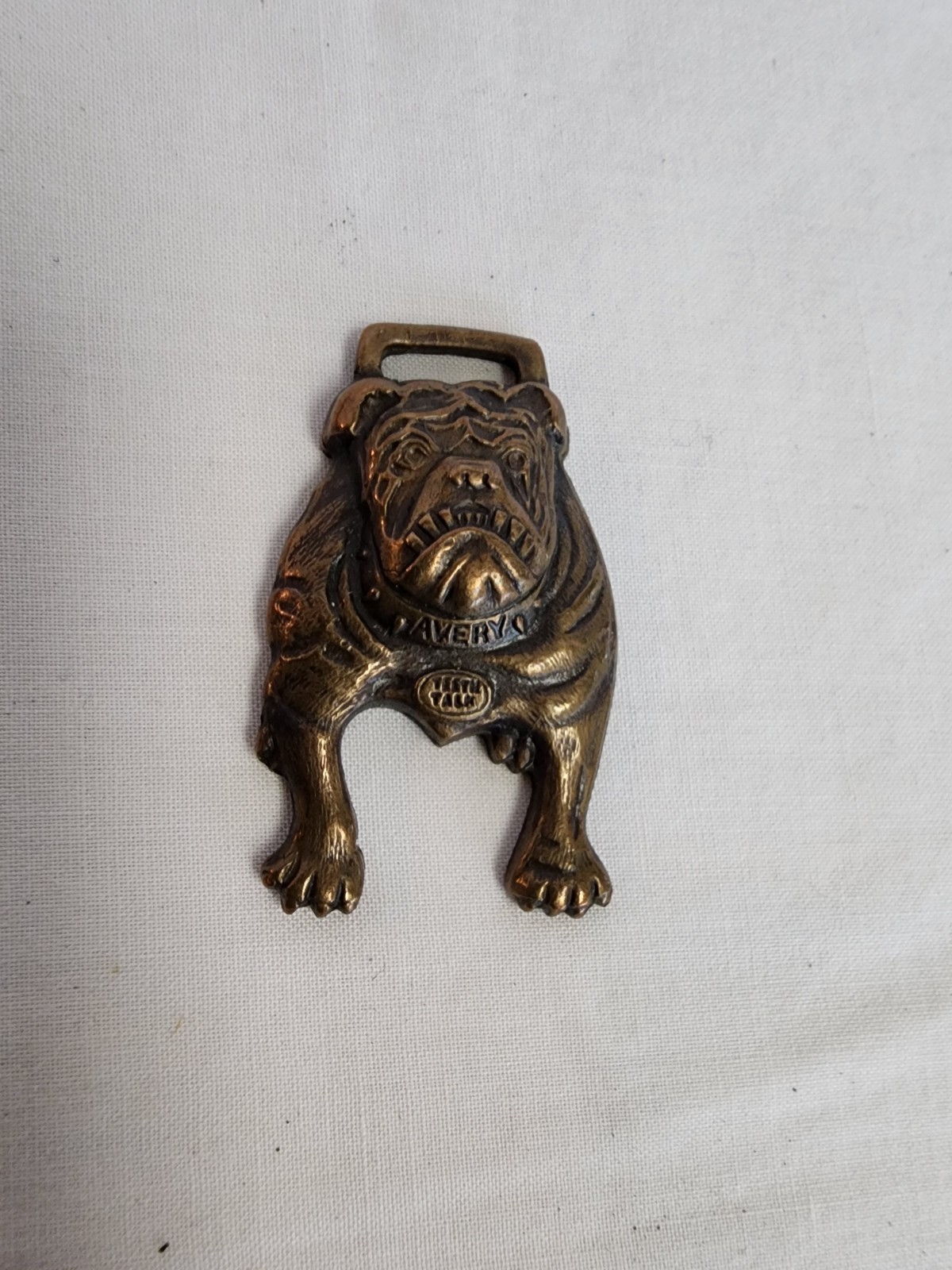 Antique “TEETH TALK” Avery Mfg Co Peoria IL TOOTHY BULLDOG Advertising Watch Fob