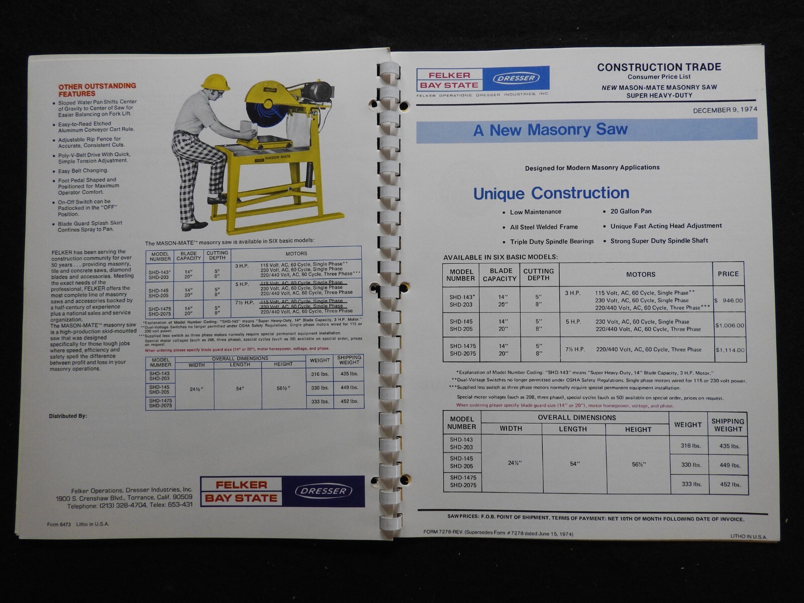 1974 Dresser Felker Bay State Concrete Saw Dealers’ Sales Catalog W/Prices MINTY