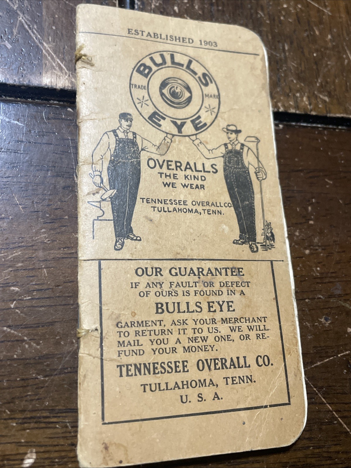 1928-29 BULLS EYE OVERALLS Pocket Ledger TULLAHOMA TENNESSEE OVERALL COMPANY