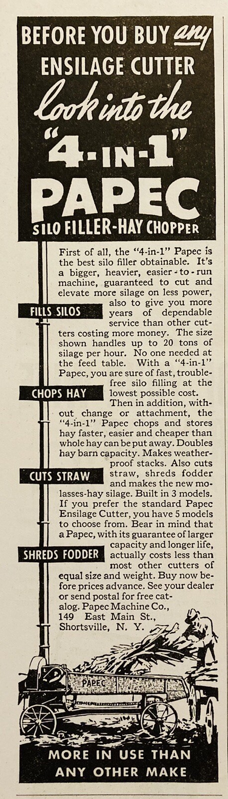 1937 AD.(XH81)~PAPEC MACHINE CO. E. MAIN ST. SHORTSVILLE, NY. SILO FILLER