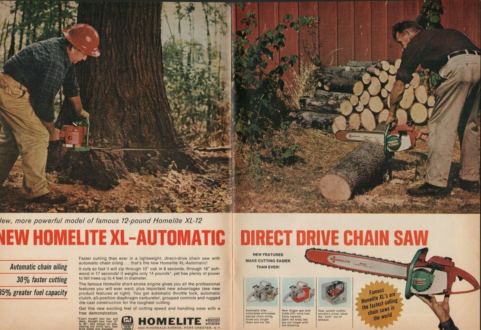 1965 2pg Print Ad of Homelite Automatic XL-12 Chain Saw