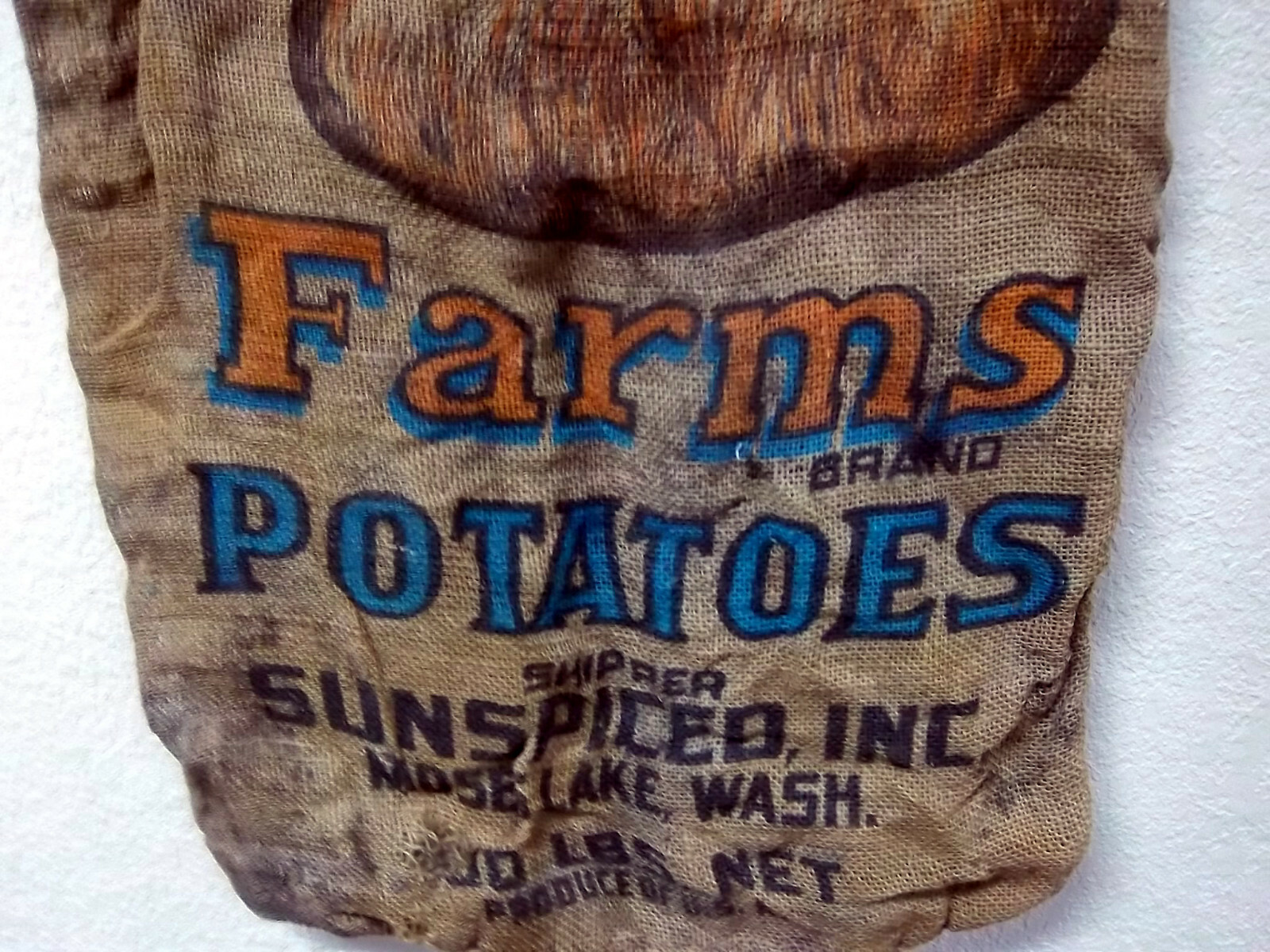 Russet Farms US no. 1 Potatoes (EMPTY) Burlap Bag, great home decor item 33 x 18