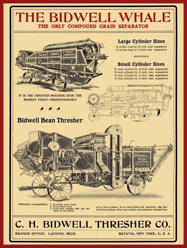 1907 Bidwell Whale Thresher, Batavia, New York NEW Sign 24×30″ USA Steel XL Size