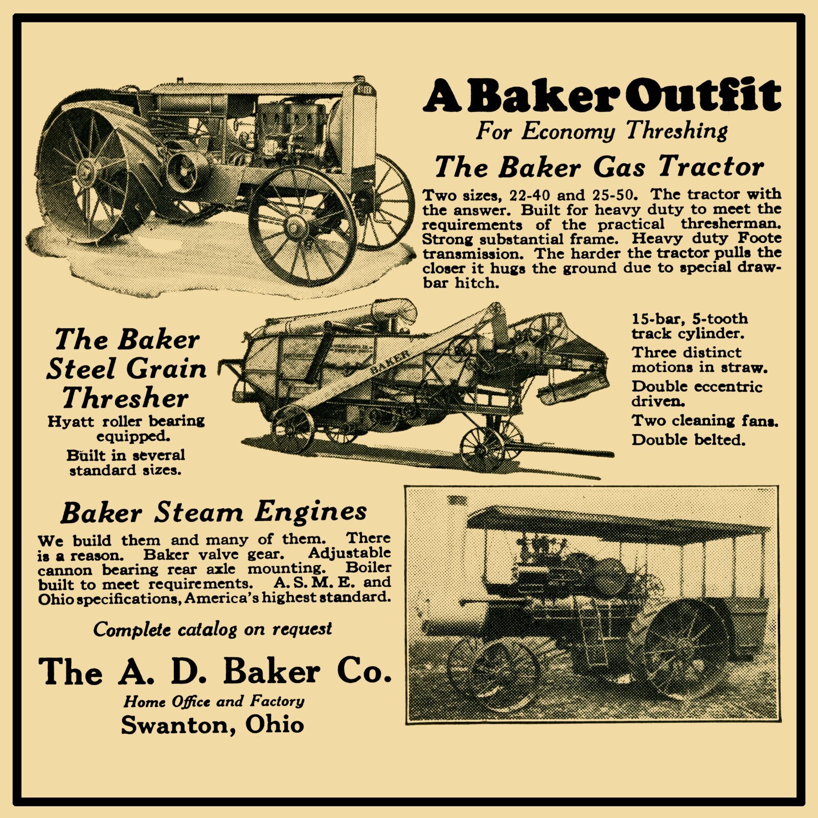A.D. Baker, Swanton OhiO Tractors & Engines NEW Metal Sign 40″ Square USA STEEL