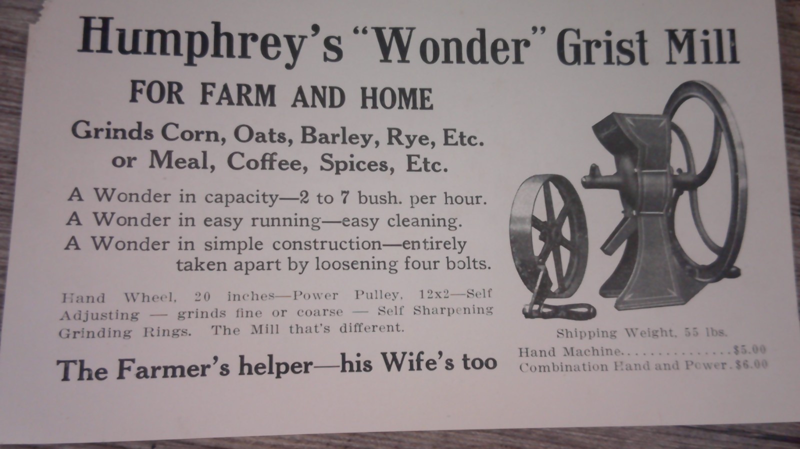 advertising paper for Humphrey’s grist mill for farm and home pictured 11B