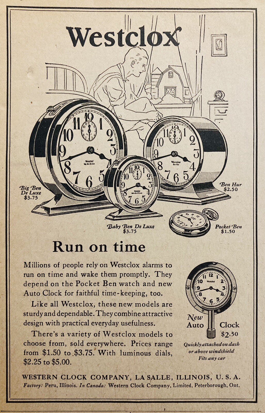 1928 AD.(XH74)~WESTERN CLOCK CO. LA SALLE, ILL. BIG BEN & BABY ALARM CLOCKS