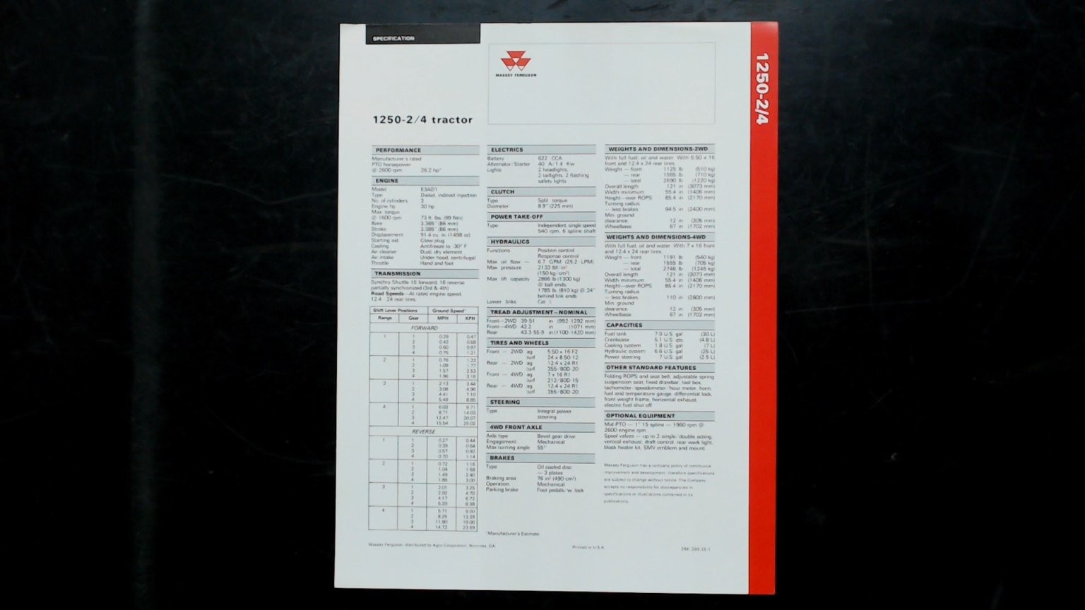 Massey Ferguson 1250-2/4 Compact Tractor Vintage Brochure Red 1986