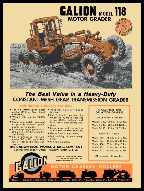 1957 Galion Iron Works Model 118 Motor Grader NEW Sign 24×30″ USA STEEL XL Size